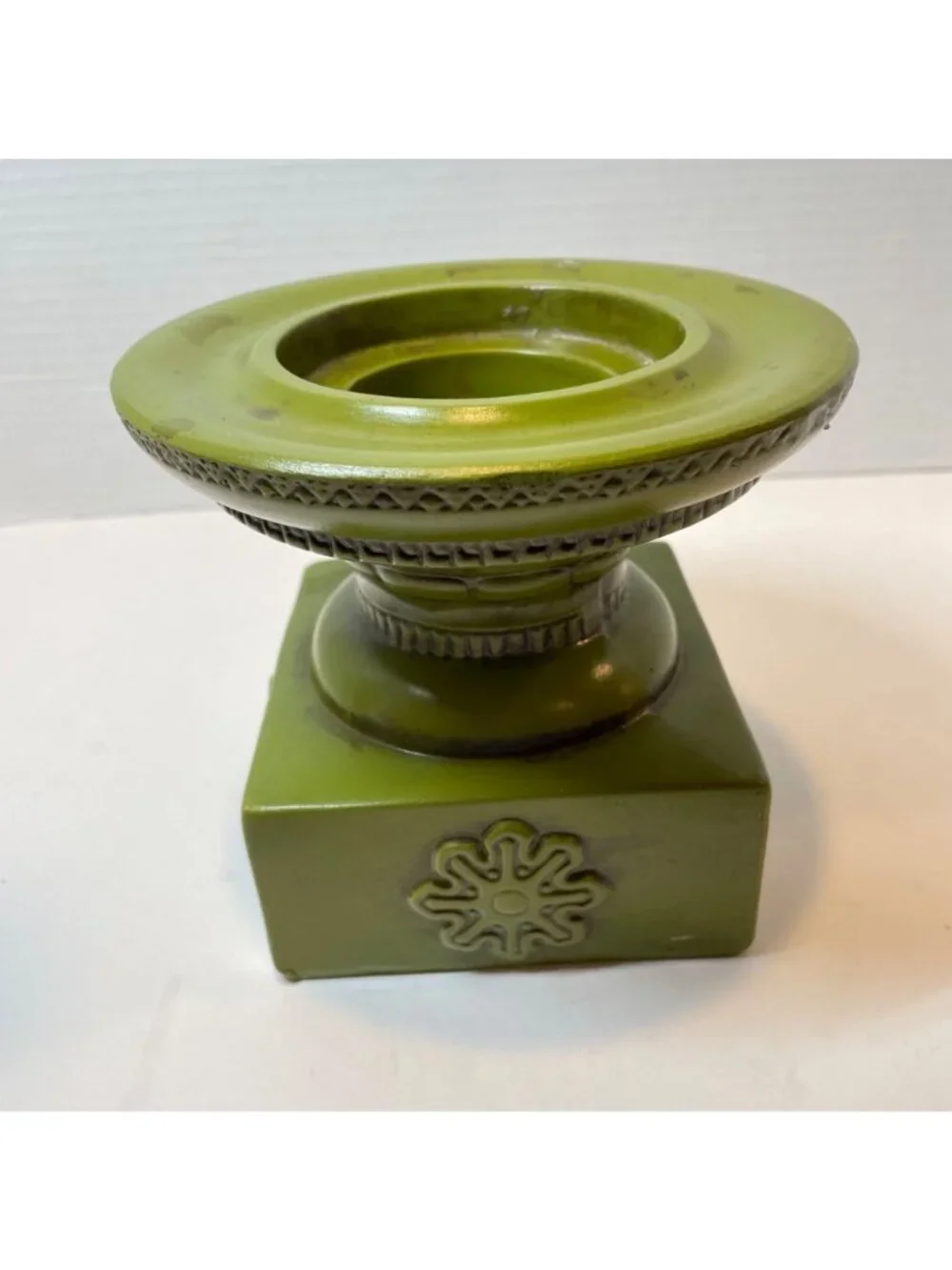Vintage Green Ceramic Candle Holder Made In Japan With Embossed Floral Design &